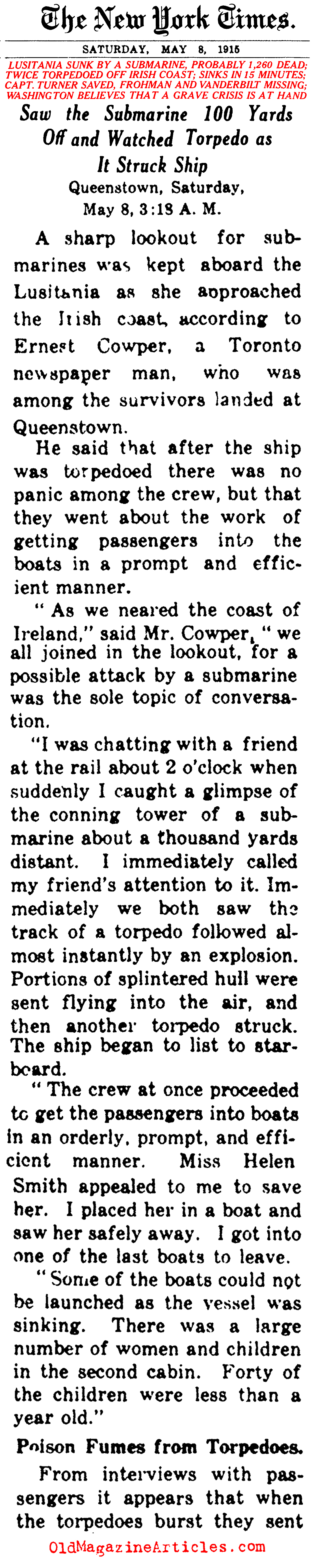 <i>Lusitania</i> Torpedoed (NY Times, 1915)